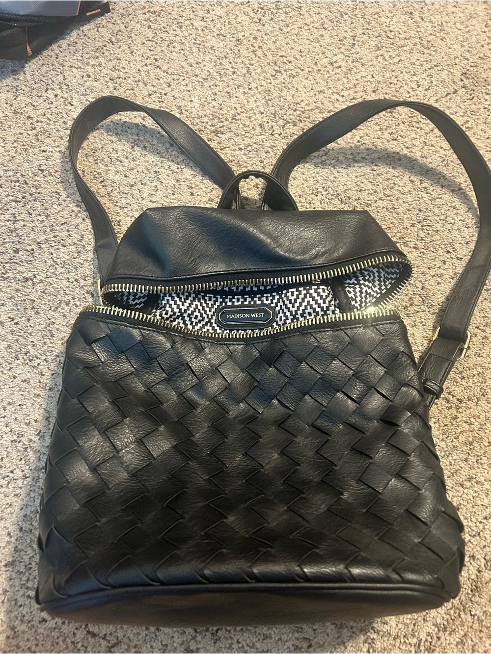 Madison West Black Woven Backpack with Gold Zipper